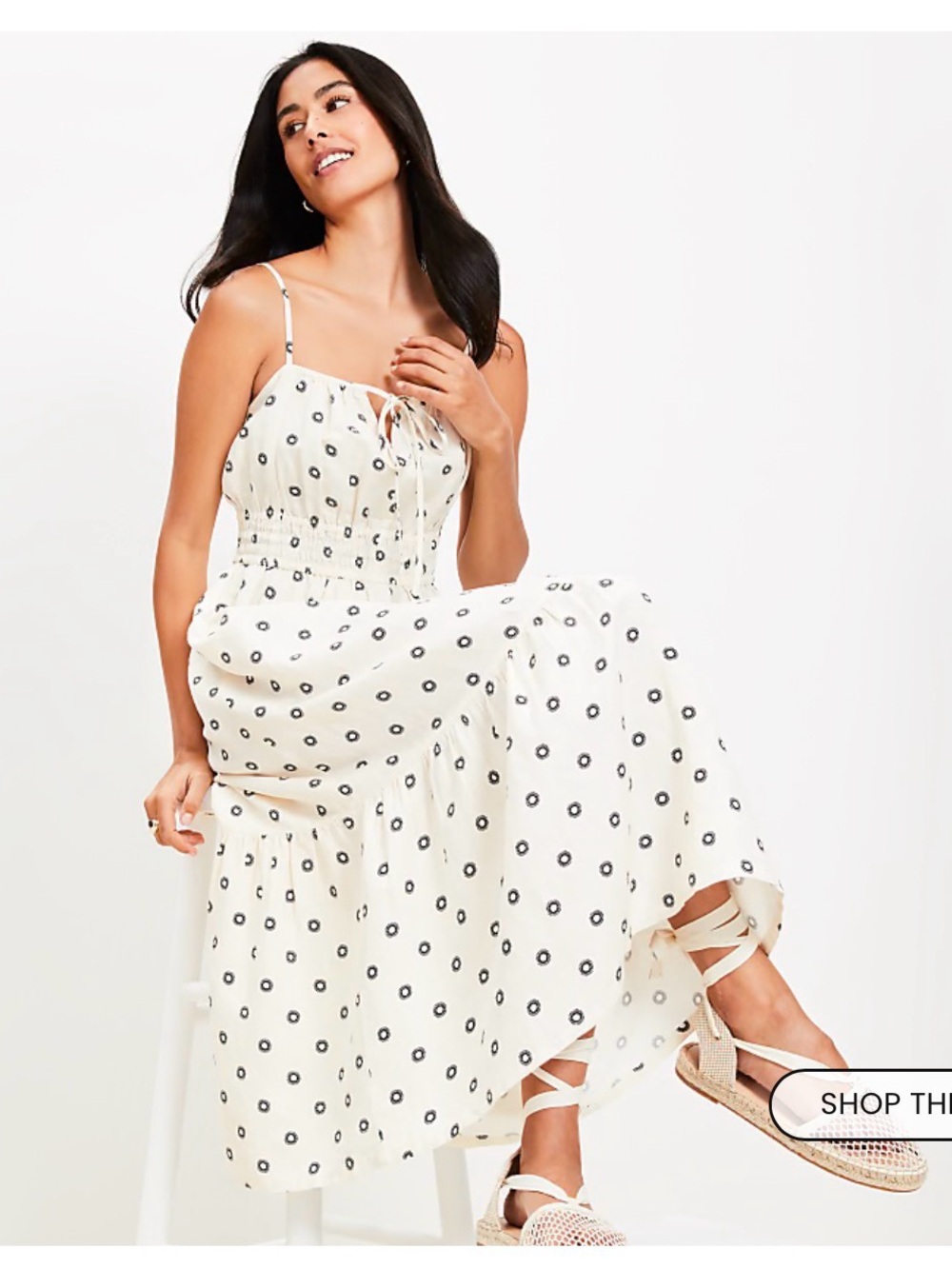 LOFT Cream Midi Dress with Black Polka Dots